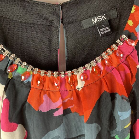 MSK Dress Floral Midi Party Wedding high-low Jeweled 8 M Kaftan lined elastic - Picture 8 of 16